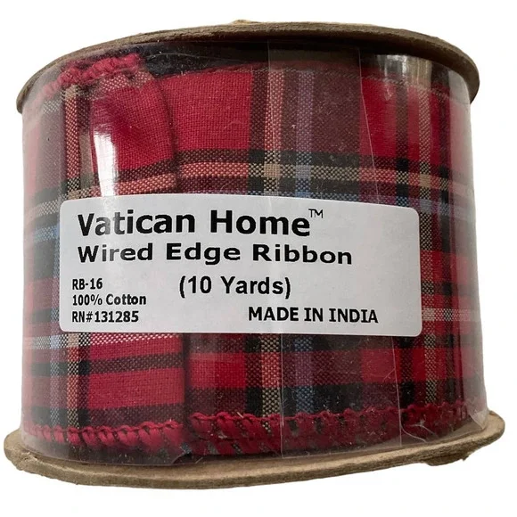 Vatican Homes Red Plaid Wire Edged Ribbon 10 Yards New - Picture 1 of 3